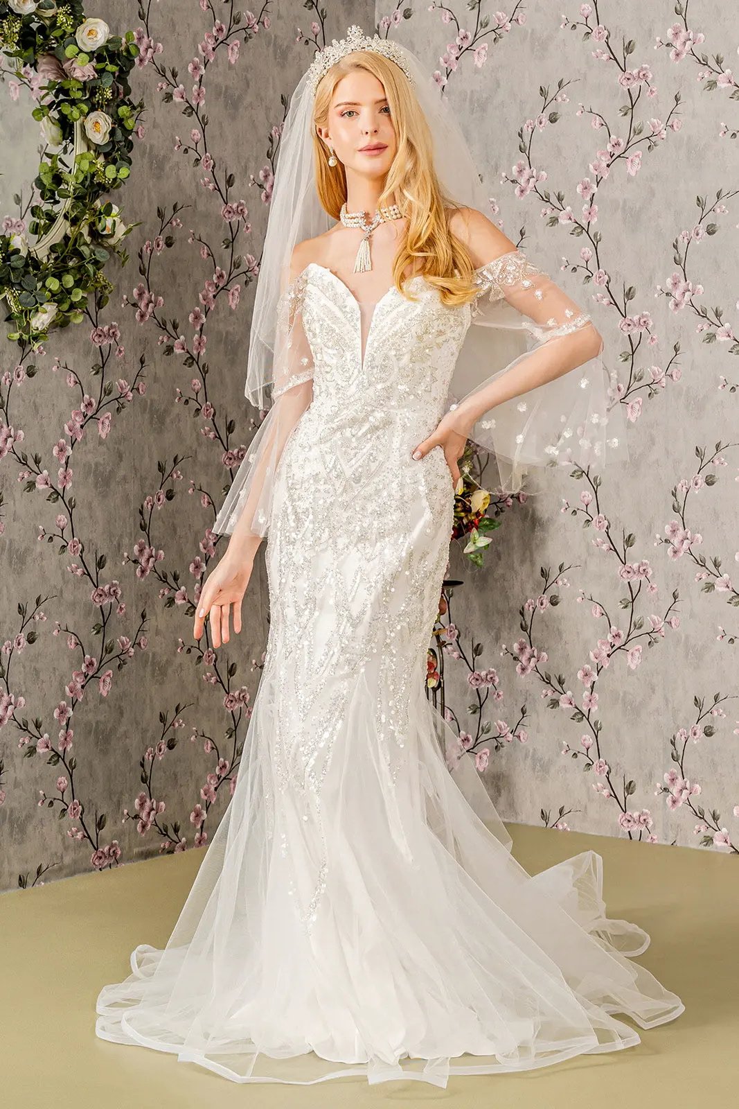 Bead Sequin Mesh Mermaid Wedding Gown w/ Long Sleeves by Tux-USA