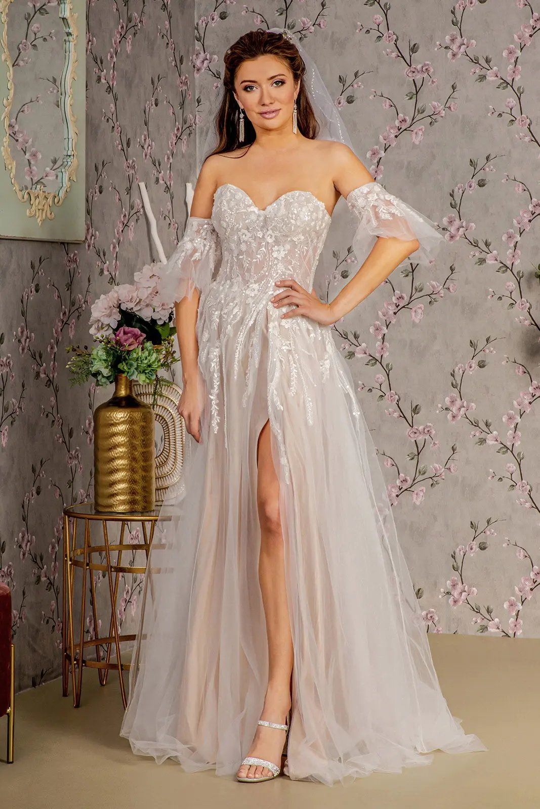 Sheer Bodice Mesh A-line Wedding Gown w/ Detachable Short Sleeves by Tux-USA