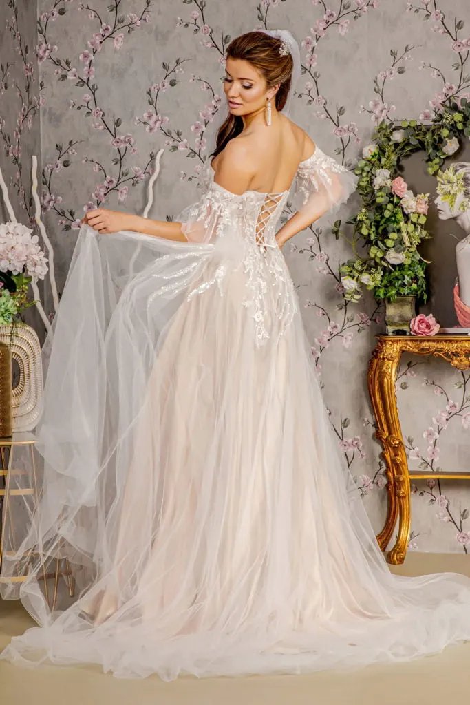 Sheer Bodice Mesh A-line Wedding Gown w/ Detachable Short Sleeves by Tux-USA