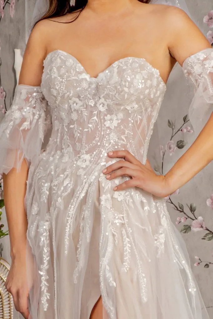 Sheer Bodice Mesh A-line Wedding Gown w/ Detachable Short Sleeves by Tux-USA