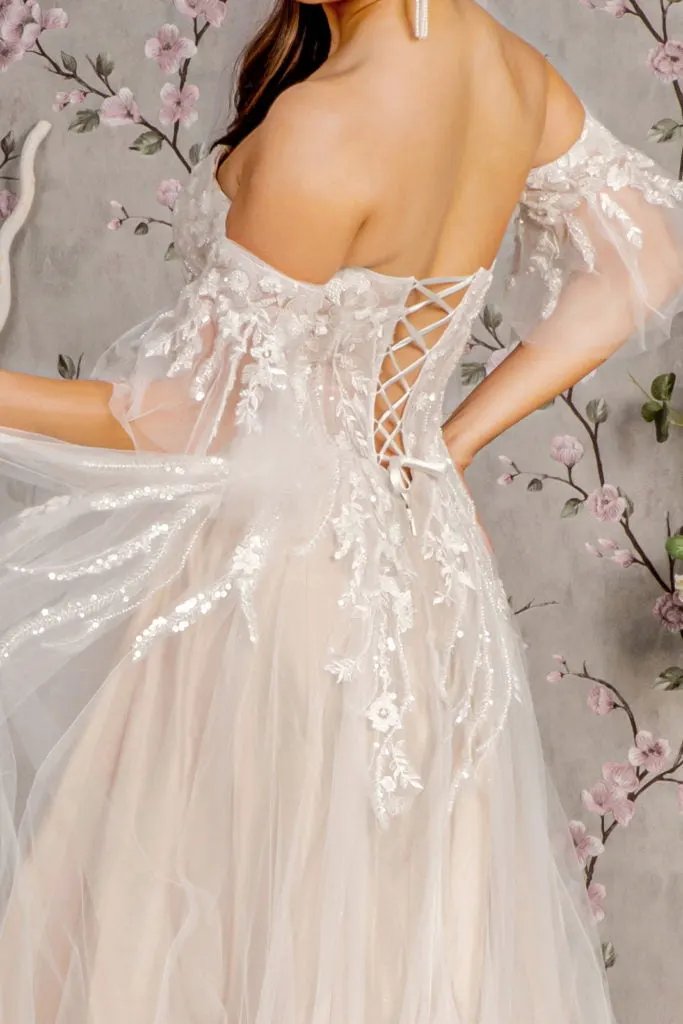 Sheer Bodice Mesh A-line Wedding Gown w/ Detachable Short Sleeves by Tux-USA