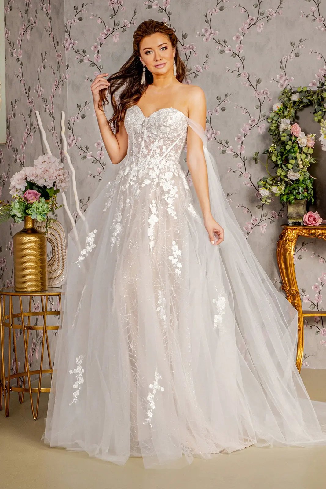 Floral Embroidery Mesh A-line Wedding Gown w/ Long Side Drapes by Tux-USA