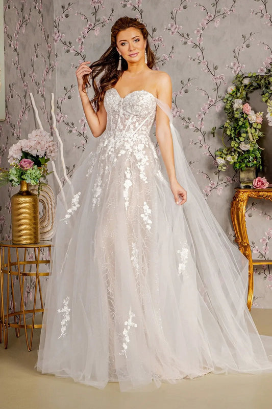 Floral Embroidery Mesh A-line Wedding Gown w/ Long Side Drapes by Tux-USA