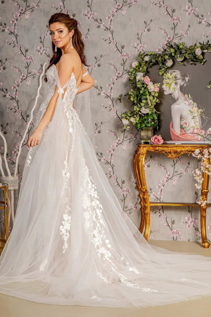 Floral Embroidery Mesh A-line Wedding Gown w/ Long Side Drapes by Tux-USA