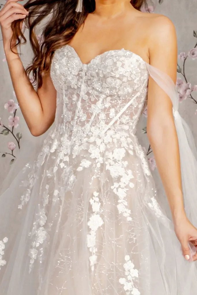 Floral Embroidery Mesh A-line Wedding Gown w/ Long Side Drapes by Tux-USA