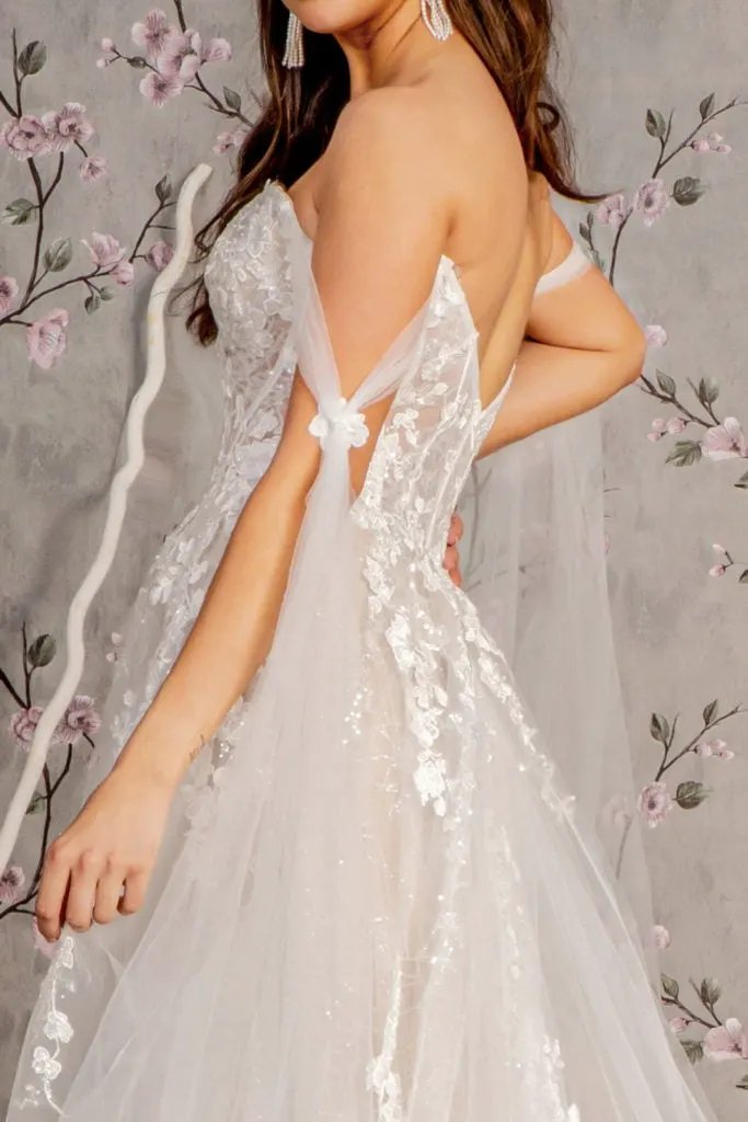 Floral Embroidery Mesh A-line Wedding Gown w/ Long Side Drapes by Tux-USA