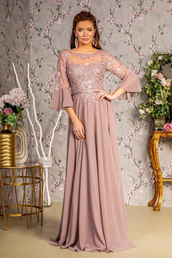 Floral Embroidery Bead Chiffon A-line Long Dress w/ Waist Band by Tux-USA