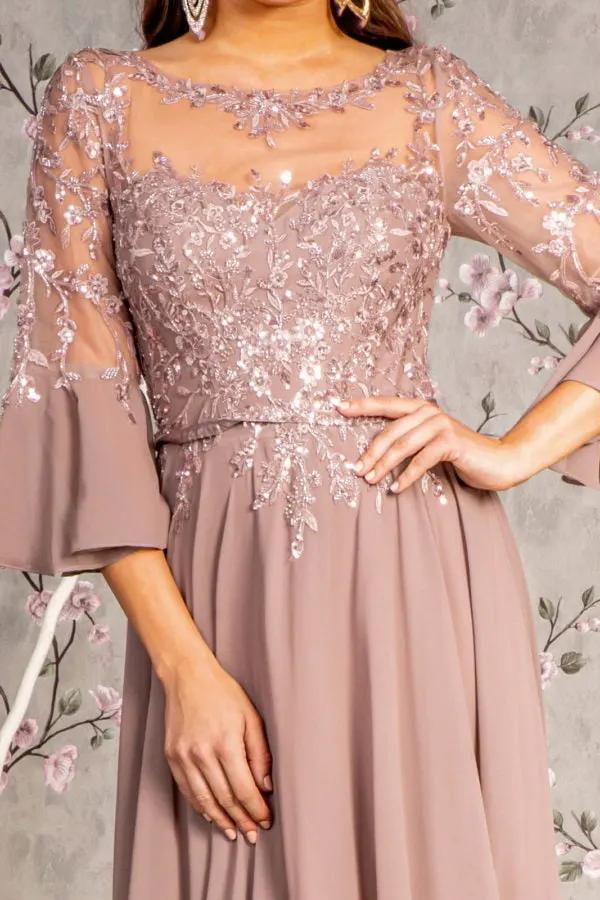 Floral Embroidery Bead Chiffon A-line Long Dress w/ Waist Band by Tux-USA