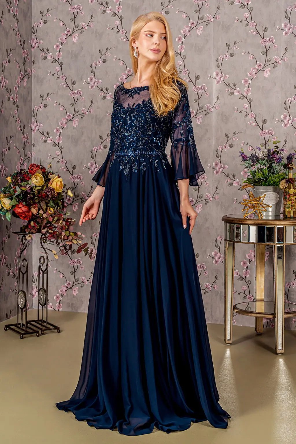 Floral Embroidery Bead Chiffon A-line Long Dress w/ Waist Band by Tux-USA