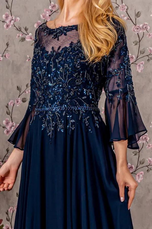 Floral Embroidery Bead Chiffon A-line Long Dress w/ Waist Band by Tux-USA