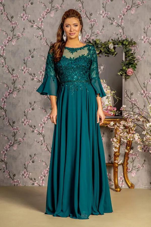 Floral Embroidery Bead Chiffon A-line Long Dress w/ Waist Band by Tux-USA