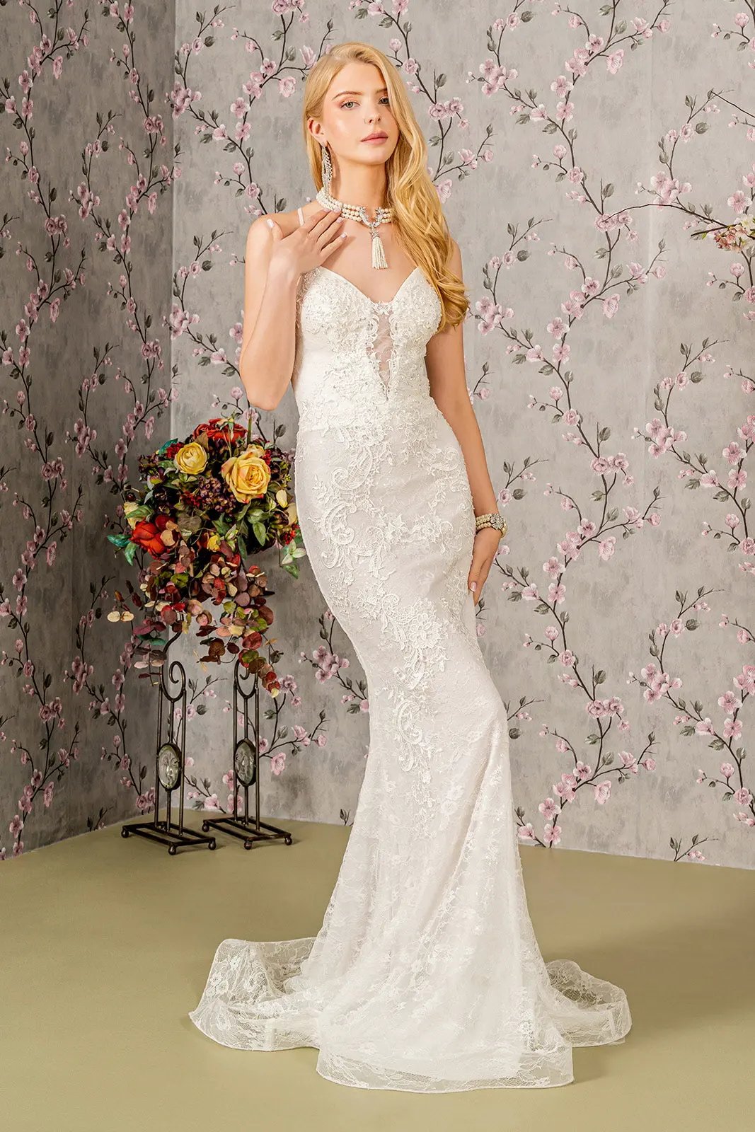 Floral Embroidery Illusion Sweetheart Lace Mermaid Wedding Gown by Tux-USA