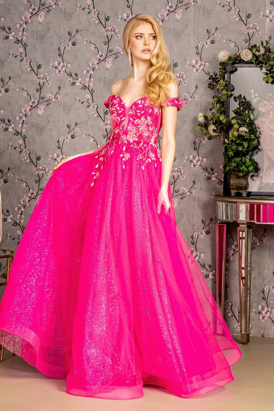 3-D Flower Emboridery Sheer Bodice Mesh A-line Long Dress by Tux-USA