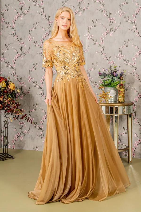 Metallic Embroidery Sheer Neckline Glitter Crepe A-line Long Dress by Tux-USA
