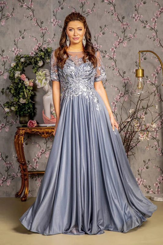 Metallic Embroidery Sheer Neckline Glitter Crepe A-line Long Dress by Tux-USA