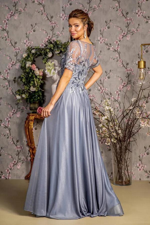 Metallic Embroidery Sheer Neckline Glitter Crepe A-line Long Dress by Tux-USA