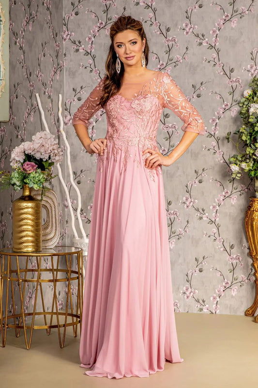 Bead Embroidery Sheer Neckline V-back Chiffon A-line Long Dress by Tux-USA