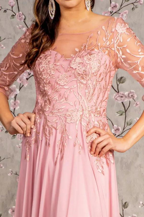 Bead Embroidery Sheer Neckline V-back Chiffon A-line Long Dress by Tux-USA