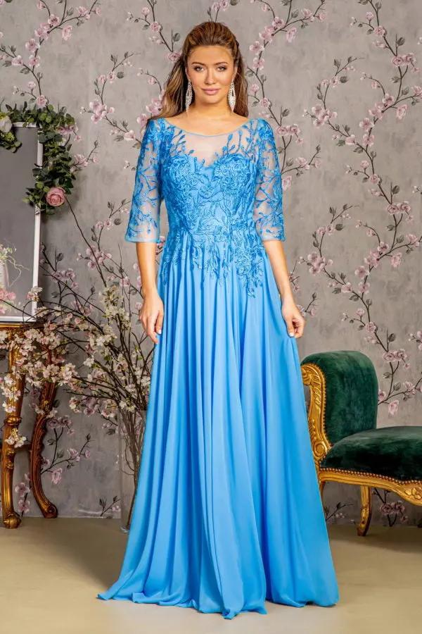 Bead Embroidery Sheer Neckline V-back Chiffon A-line Long Dress by Tux-USA