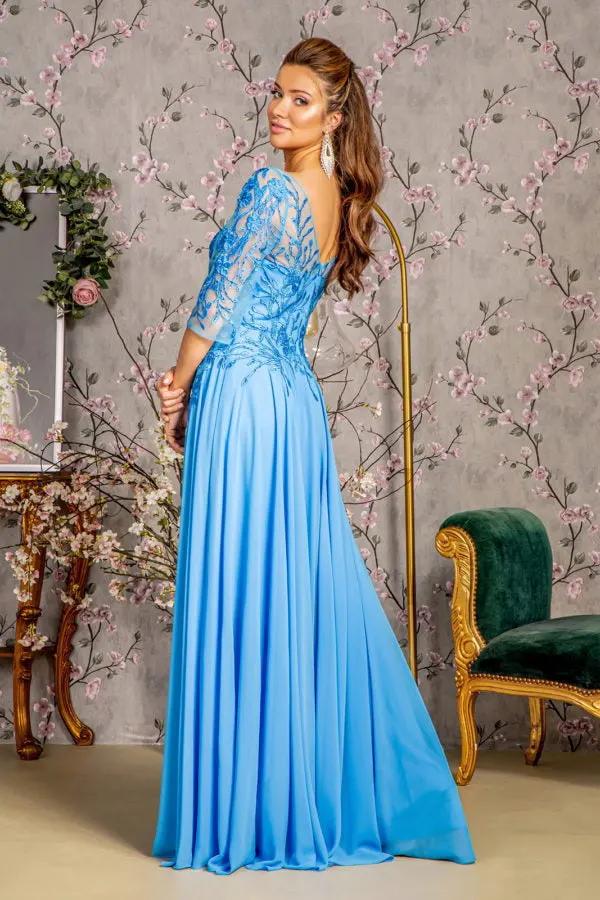 Bead Embroidery Sheer Neckline V-back Chiffon A-line Long Dress by Tux-USA