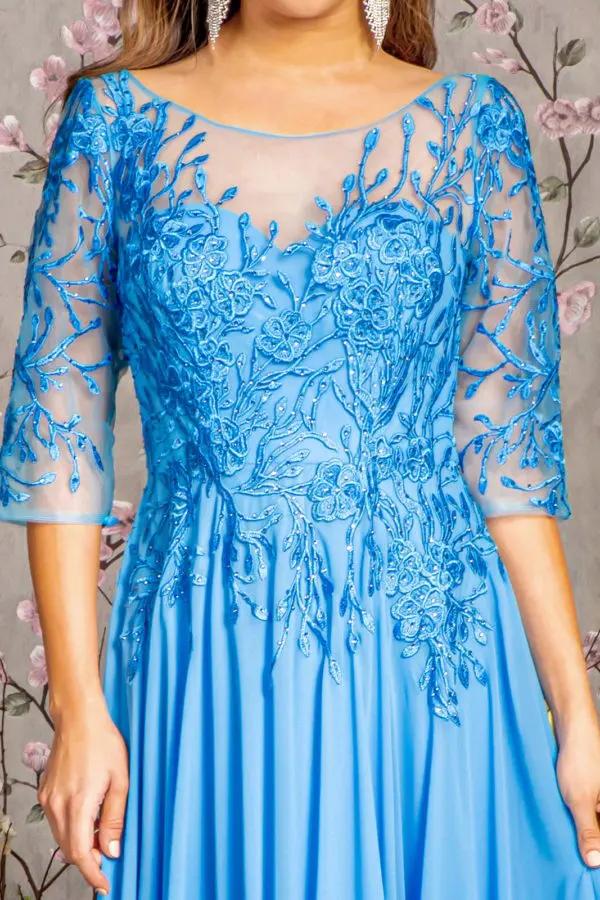 Bead Embroidery Sheer Neckline V-back Chiffon A-line Long Dress by Tux-USA