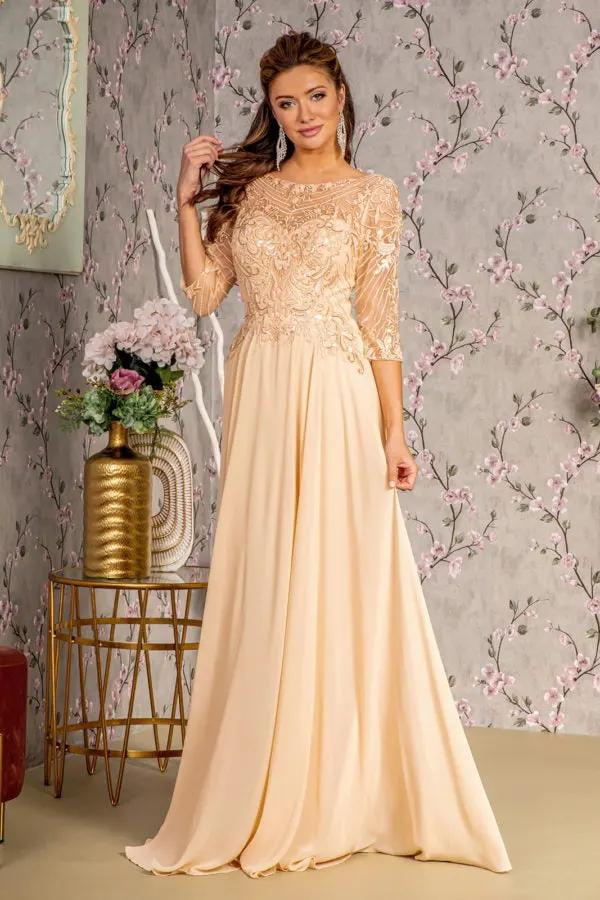 Metallic Sequin Sheer Neckline Chiffon A-line Long Dress by Tux-USA