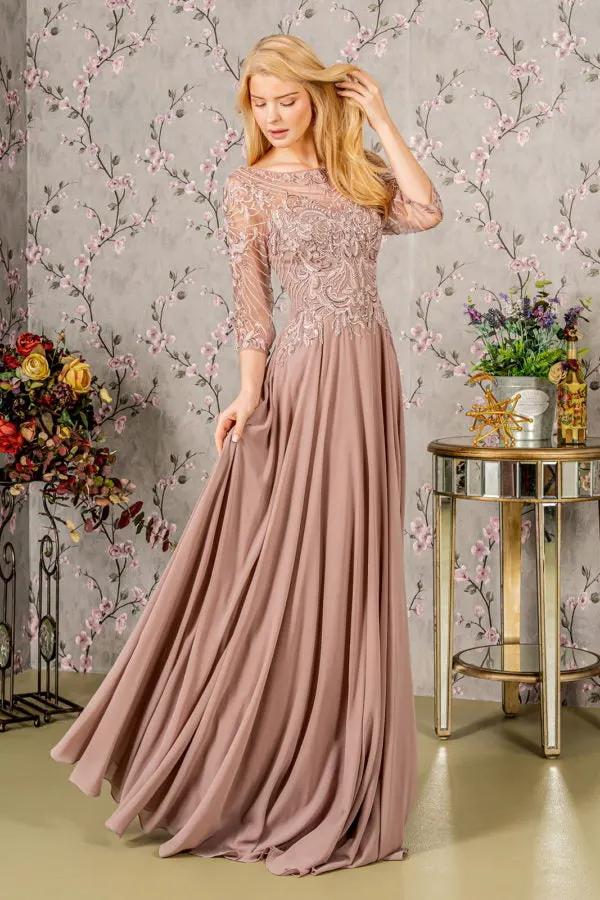 Metallic Sequin Sheer Neckline Chiffon A-line Long Dress by Tux-USA