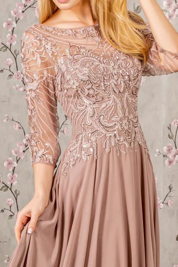Metallic Sequin Sheer Neckline Chiffon A-line Long Dress by Tux-USA