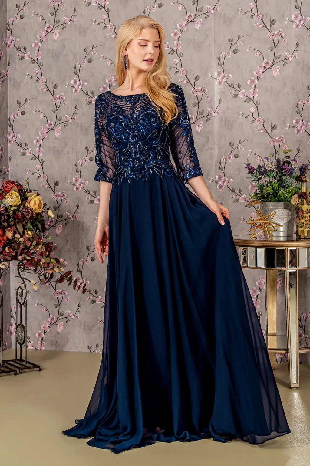 Metallic Sequin Sheer Neckline Chiffon A-line Long Dress by Tux-USA