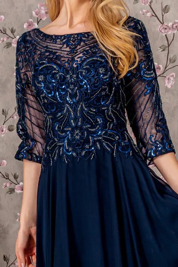 Metallic Sequin Sheer Neckline Chiffon A-line Long Dress by Tux-USA