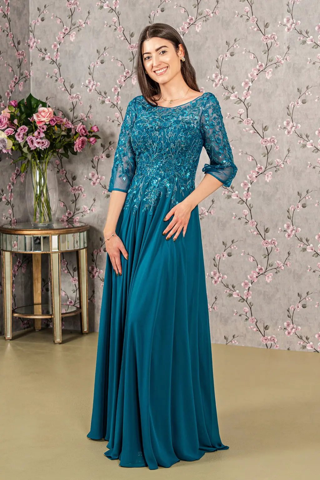 Bead Embroidery Sheer Neckline Chiffon Mermaid Long Dress by Tux-USA