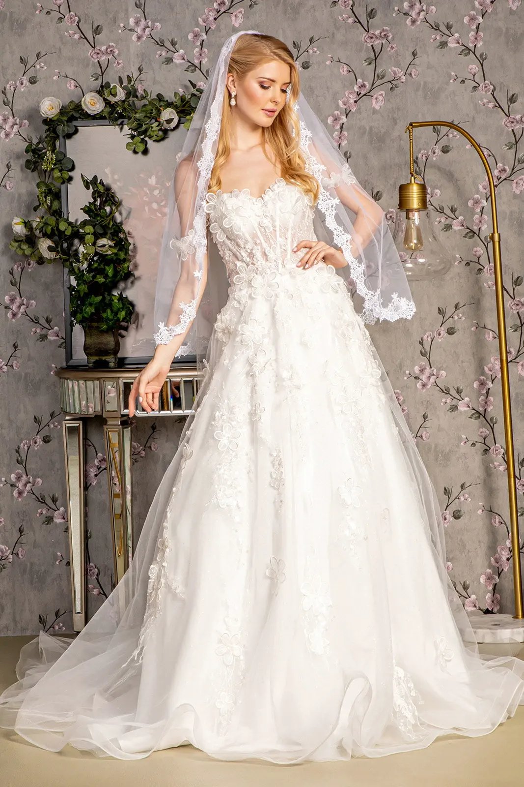 3-D Flower Sequin Off Shoulder Mesh A-line Long Dress w/ Side Drapes by Tux-USA