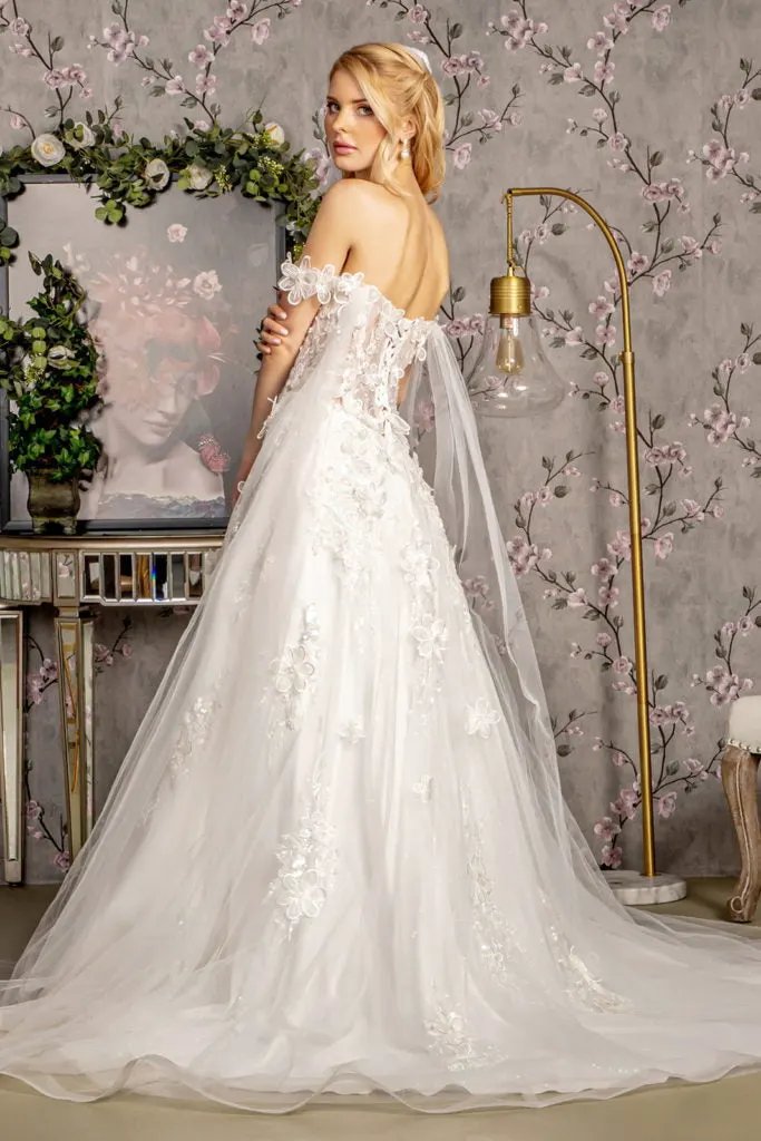 3-D Flower Sequin Off Shoulder Mesh A-line Long Dress w/ Side Drapes by Tux-USA