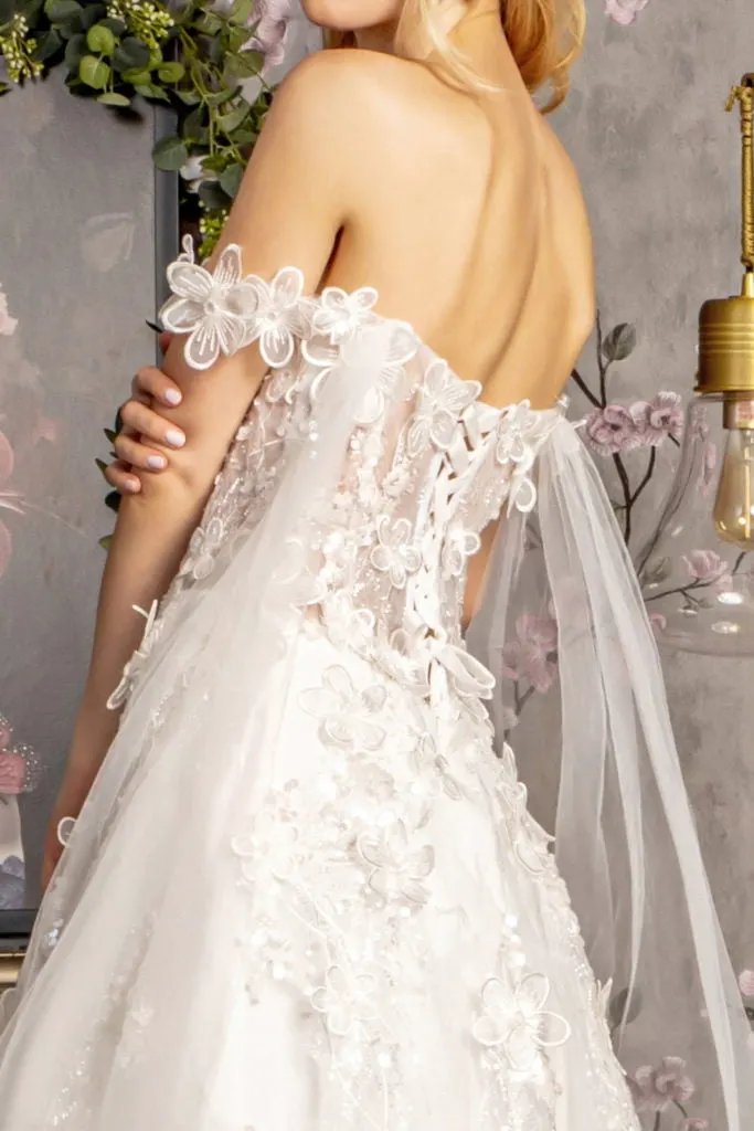 3-D Flower Sequin Off Shoulder Mesh A-line Long Dress w/ Side Drapes by Tux-USA