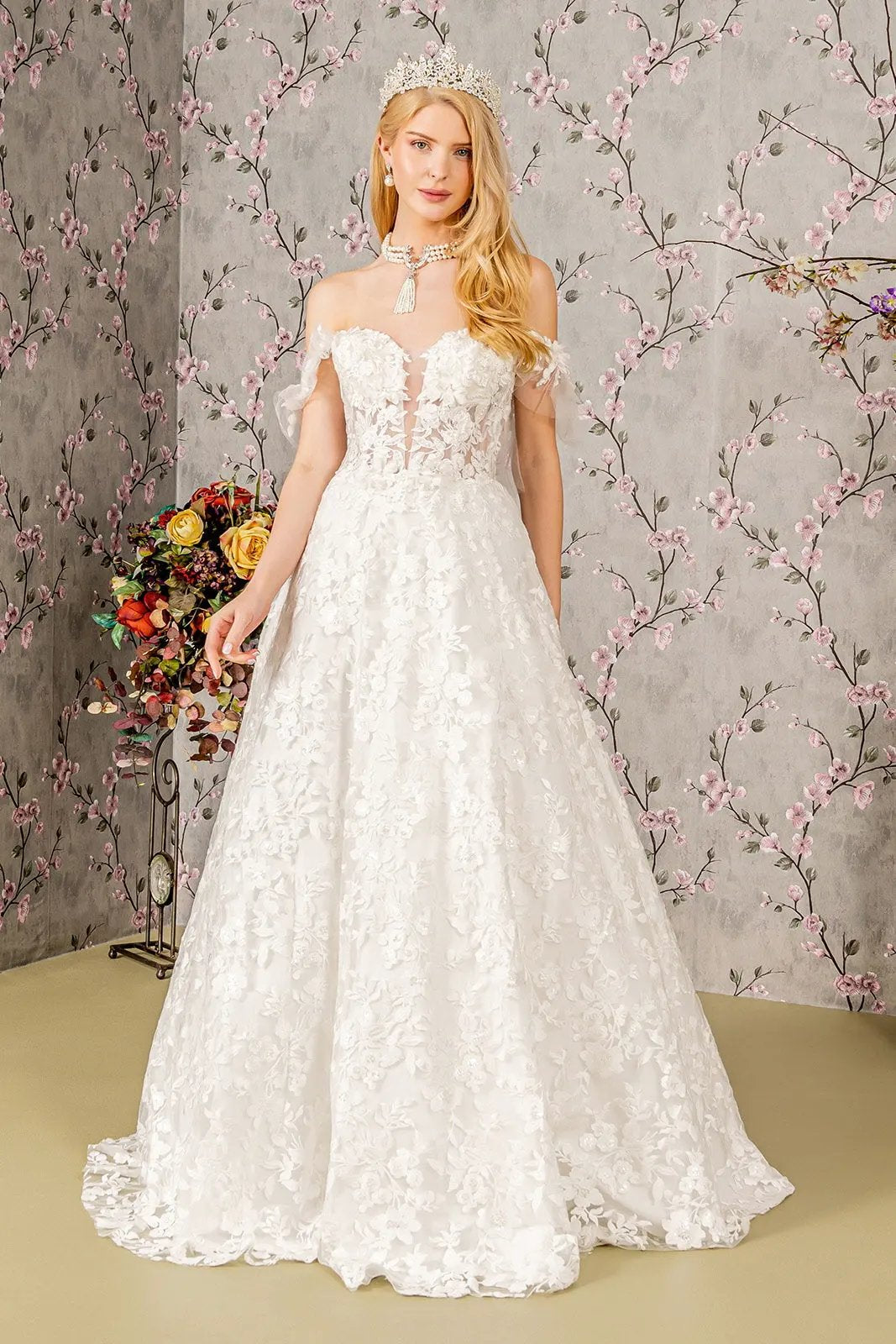Sheer Bodice Sweetheart Mesh Ball Gown w/ Long Back Drape by Tux-USA