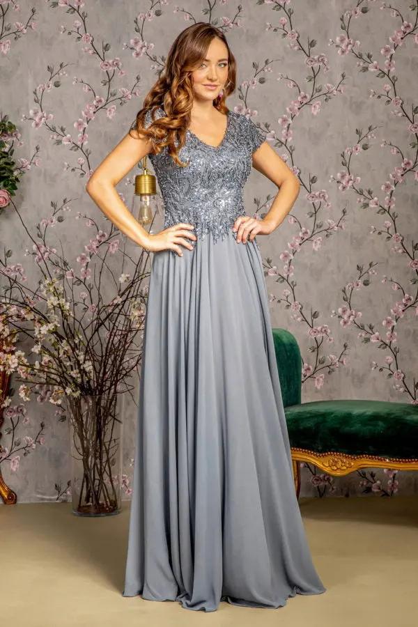 Embroidery Sequin Sheer V-neckline Chiffon A-line Long Dress by Tux-USA