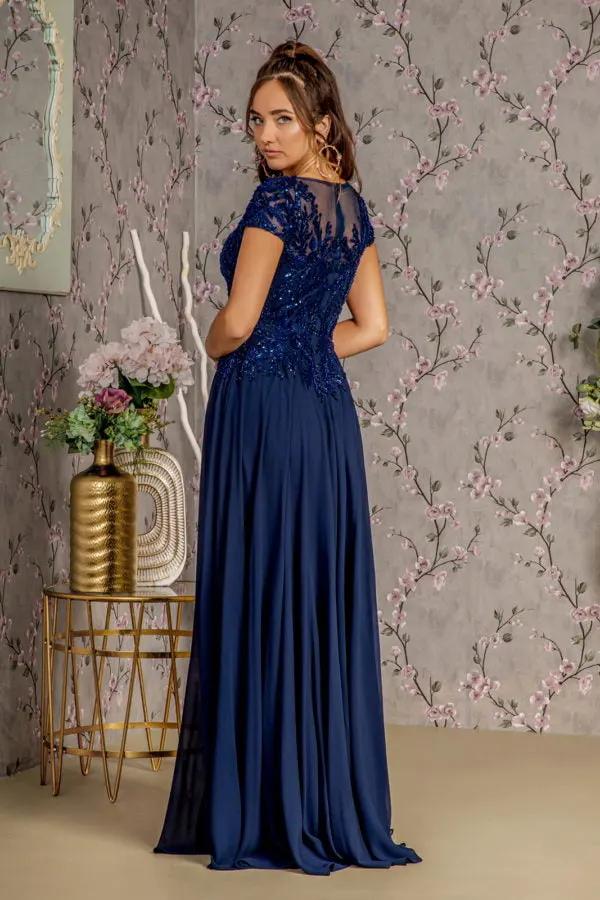 Embroidery Sequin Sheer V-neckline Chiffon A-line Long Dress by Tux-USA