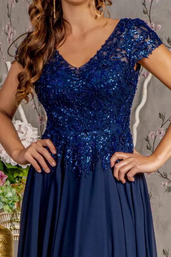 Embroidery Sequin Sheer V-neckline Chiffon A-line Long Dress by Tux-USA