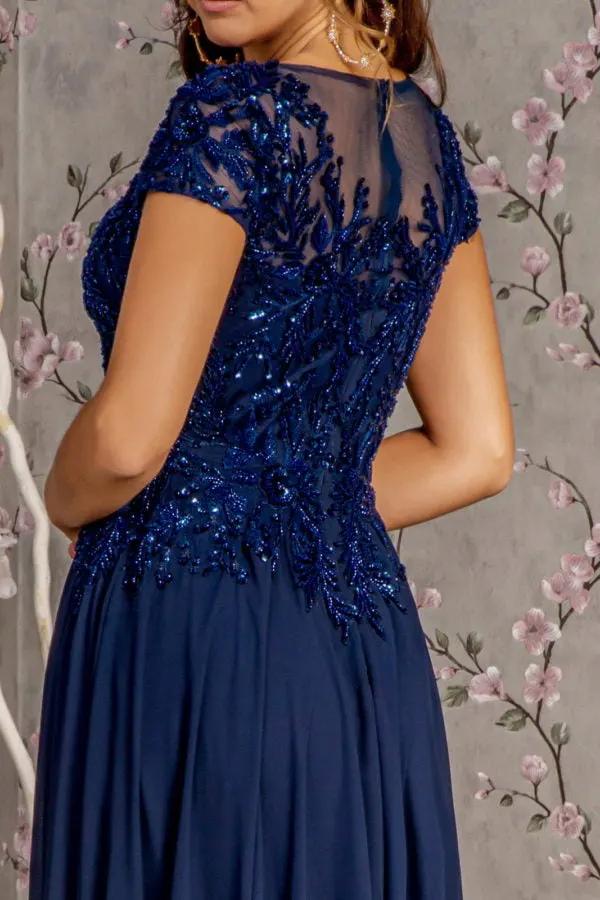 Embroidery Sequin Sheer V-neckline Chiffon A-line Long Dress by Tux-USA