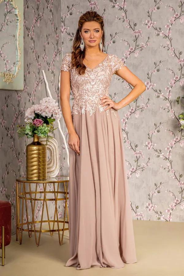Embroidery Sequin Sheer V-neckline Chiffon A-line Long Dress by Tux-USA