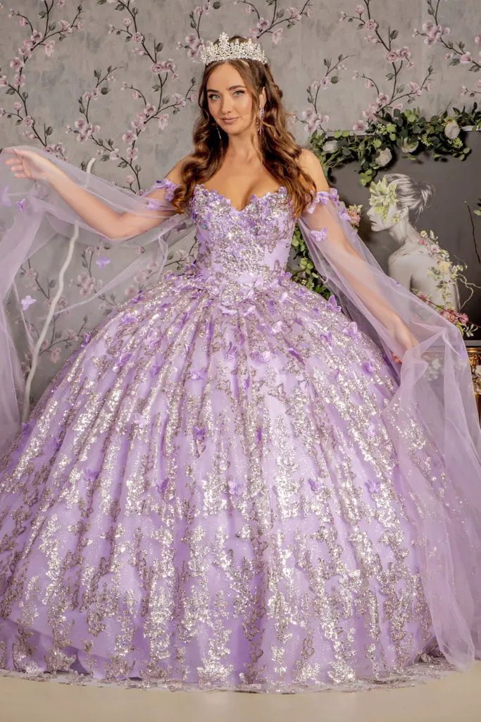 Jewel 3-D Butterfly Mesh Ball Gown w/ Long Sheer Sleeve Drapes by Tux-USA