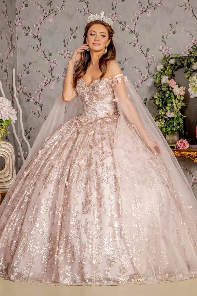 Jewel 3-D Butterfly Mesh Ball Gown w/ Long Sheer Sleeve Drapes by Tux-USA