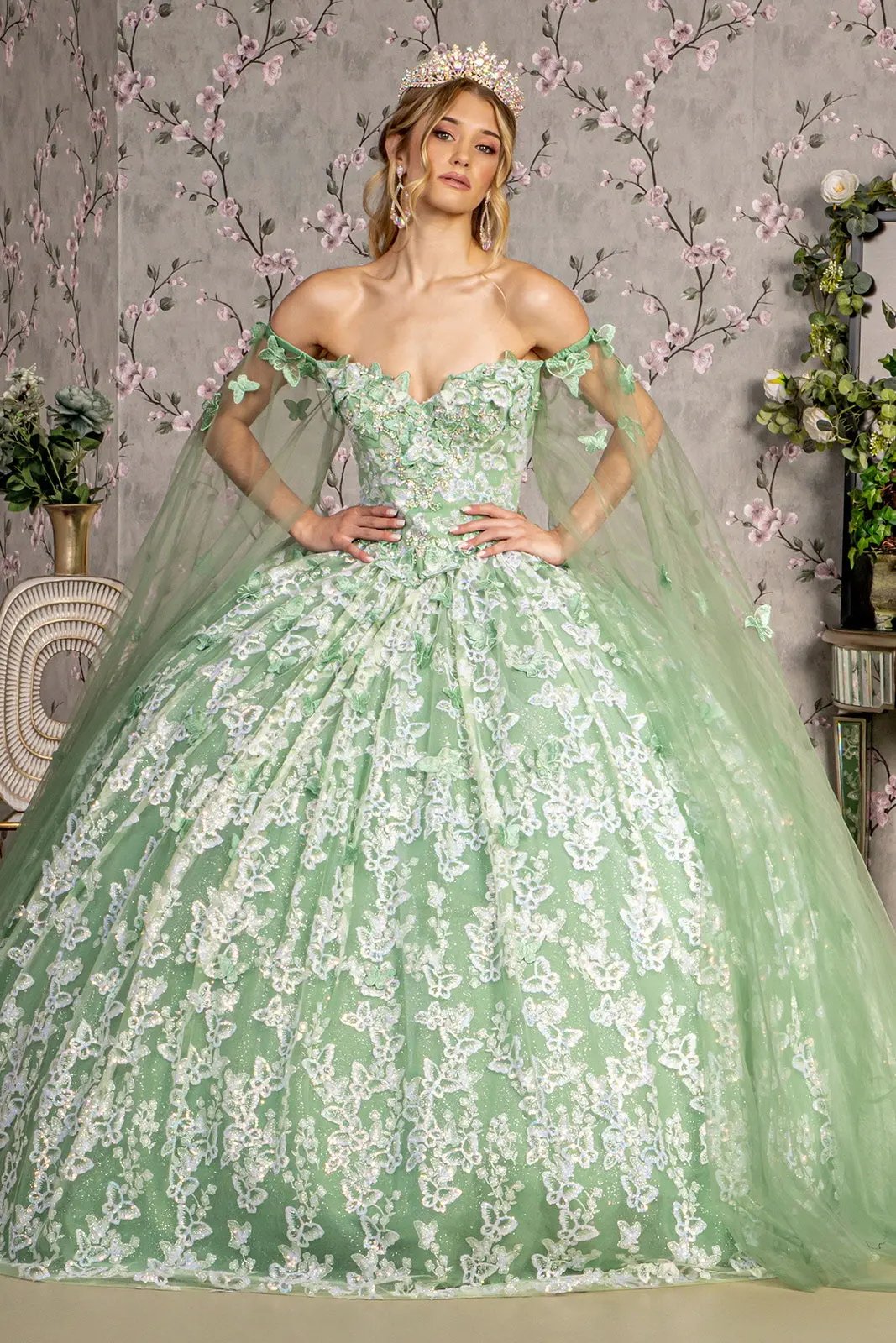 Jewel 3-D Butterfly Mesh Ball Gown w/ Long Sheer Sleeve Drapes by Tux-USA