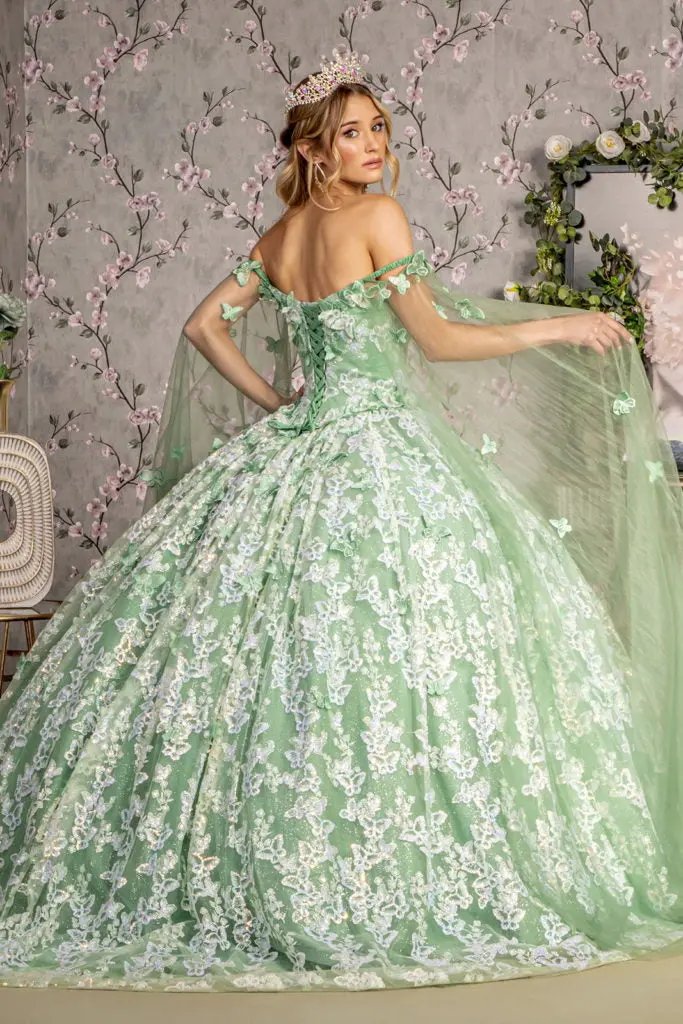 Jewel 3-D Butterfly Mesh Ball Gown w/ Long Sheer Sleeve Drapes by Tux-USA