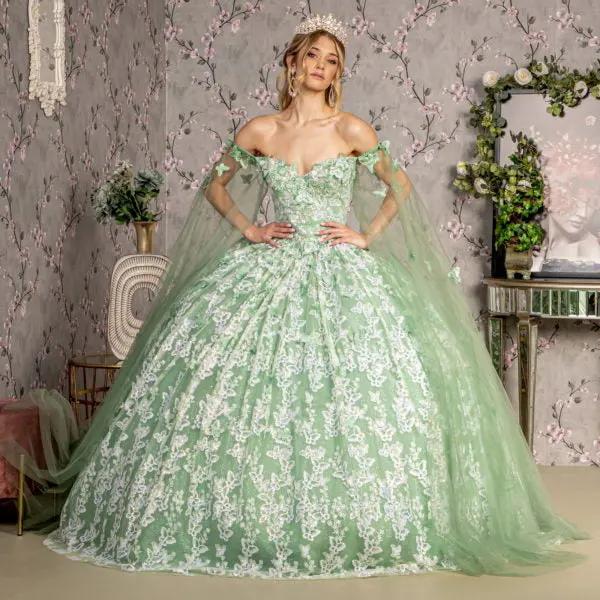 Jewel 3-D Butterfly Mesh Ball Gown w/ Long Sheer Sleeve Drapes by Tux-USA