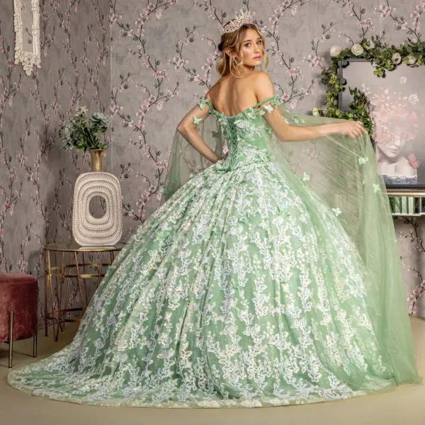 Jewel 3-D Butterfly Mesh Ball Gown w/ Long Sheer Sleeve Drapes by Tux-USA