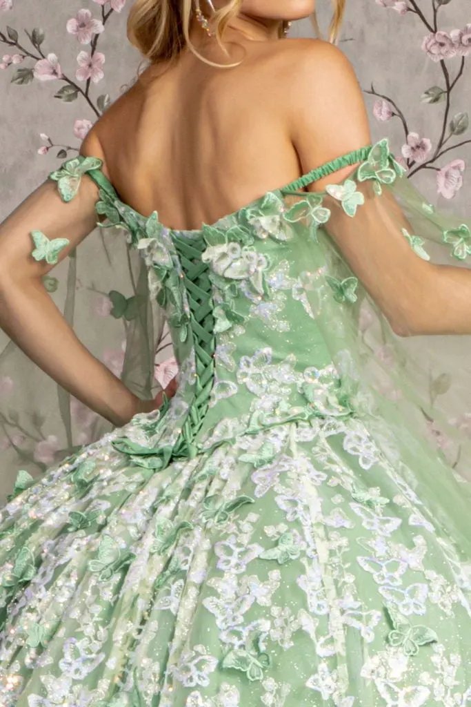 Jewel 3-D Butterfly Mesh Ball Gown w/ Long Sheer Sleeve Drapes by Tux-USA