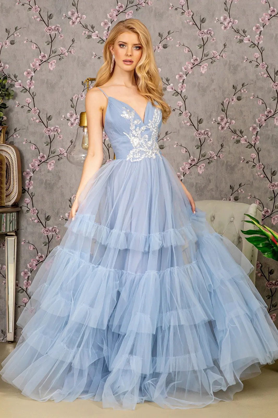 Sequin Bead Sweetheart Ruffled Skirt Mesh A-line Long Dress by Tux-USA