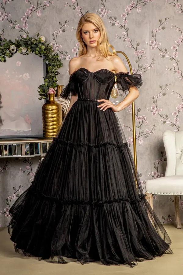 Sequin Bead Sheer Bodice Off Shoulder Mesh A-line Long Dress by Tux-USA