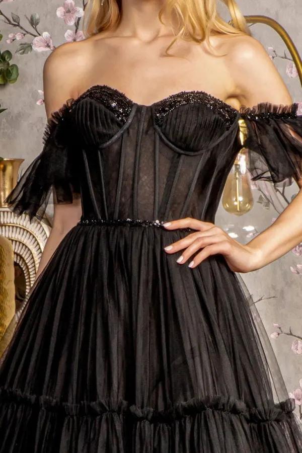 Sequin Bead Sheer Bodice Off Shoulder Mesh A-line Long Dress by Tux-USA